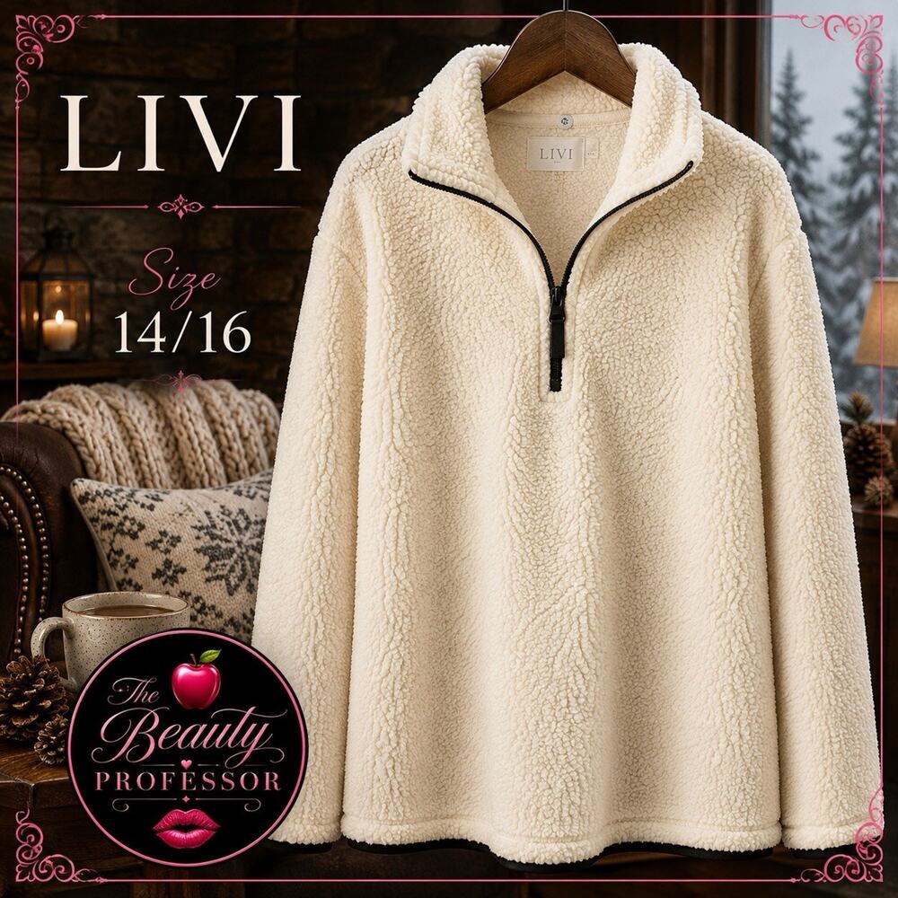 💞LIVI 14/16 Ivory Sherpa Fleece Quarter Zip Pullover Cozy Plush Top